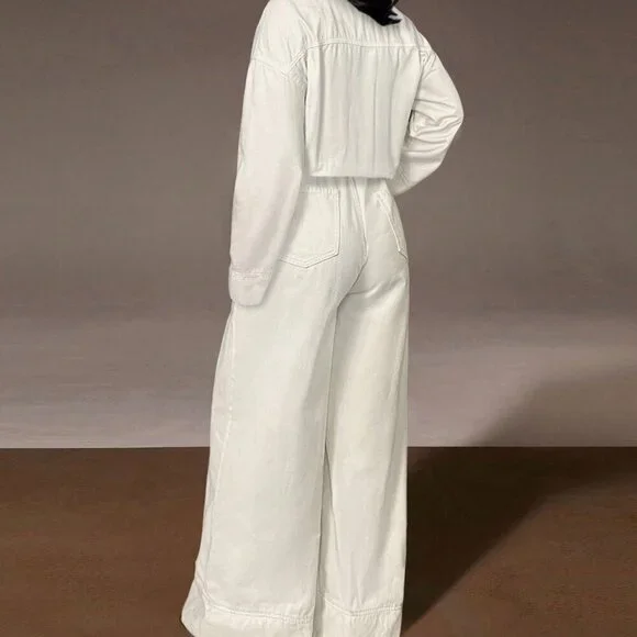 White Casual Womens Wide Leg Denim Jumpsuit - Picture 3 of 5